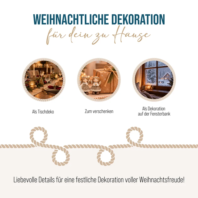 Engel Figuren 2er Set 8 cm – Beige-Gold mit Blütenkranz und Jute-Optik