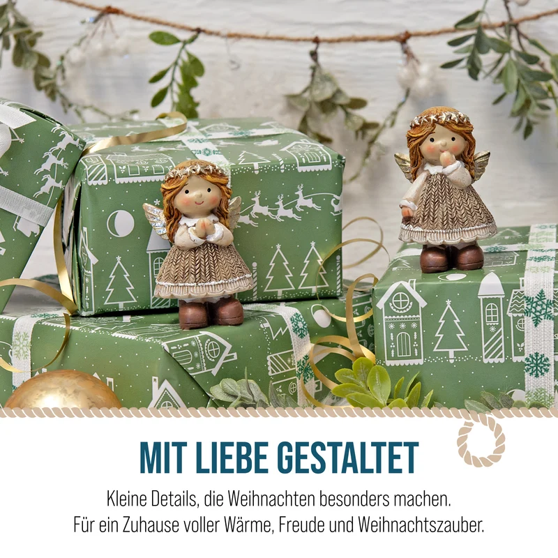 Engel Figuren 2er Set 8 cm – Beige-Gold mit Blütenkranz und Jute-Optik
