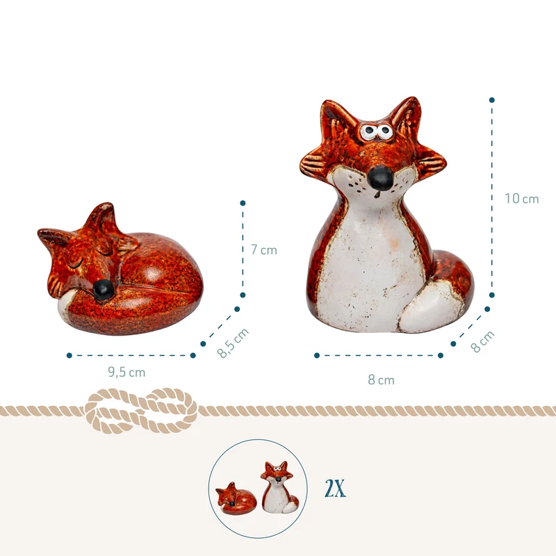 2er Set Fuchsfiguren aus Steingut – Herbstdeko in Orange-Weiß