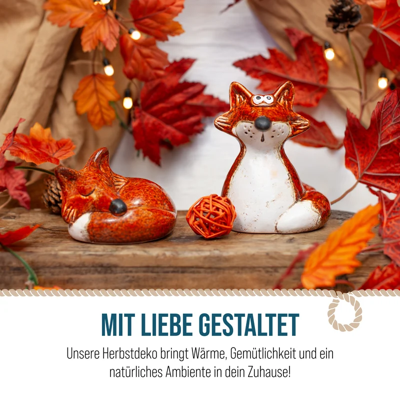 2er Set Fuchsfiguren aus Steingut – Herbstdeko in Orange-Weiß