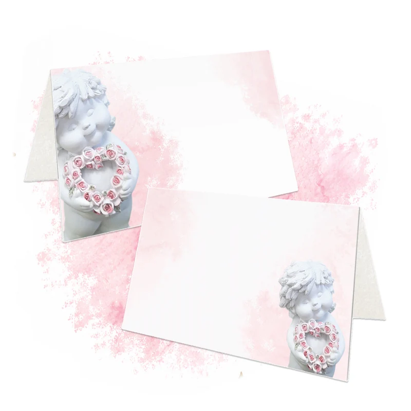Tischkarten Taufe und Kommunion 25 Stück mit Engel in Rosa-Weiß, 8,5 × 5,5 cm