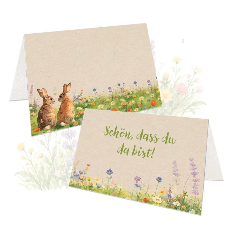 Tischkarten Ostern 25 Stück mit Hasen auf Blumenwiese, 8,5 × 5,5 cm