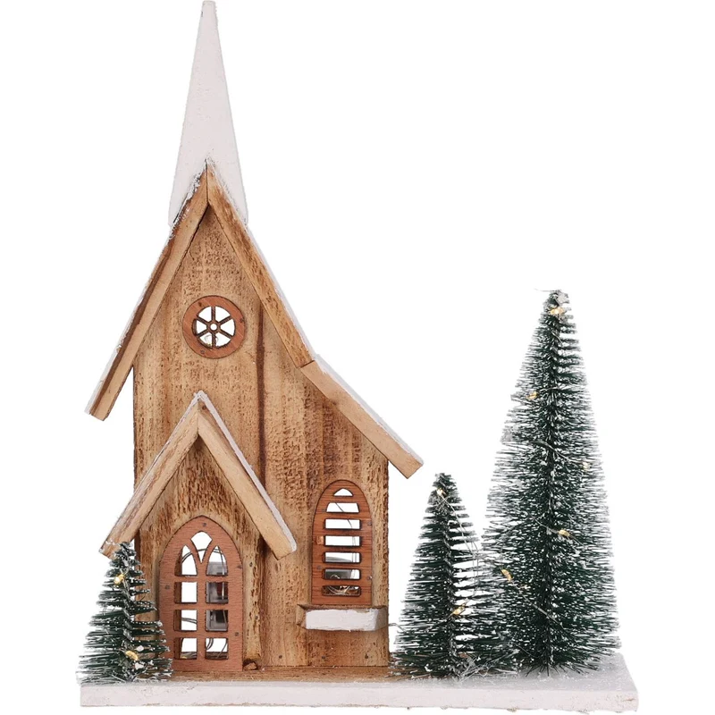 LED Wooden Christmas House with Bottle Brush Trees | Light-Up Rustic House