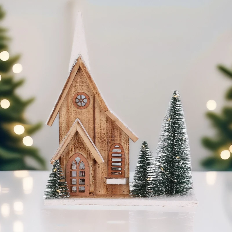 LED Wooden Christmas House with Bottle Brush Trees | Light-Up Rustic House