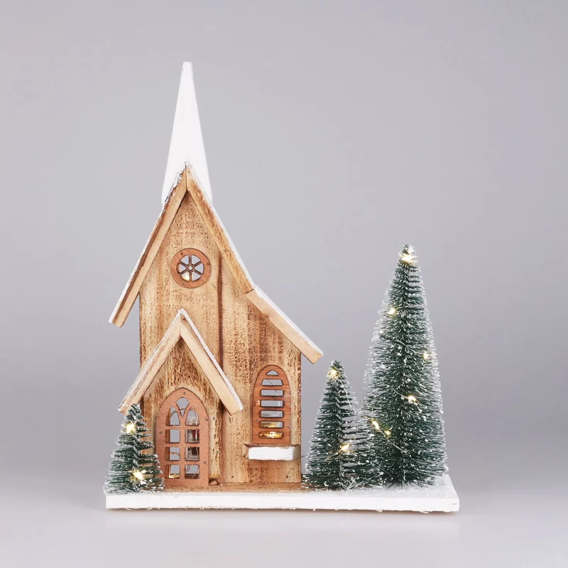 LED Wooden Christmas House with Bottle Brush Trees | Light-Up Rustic House
