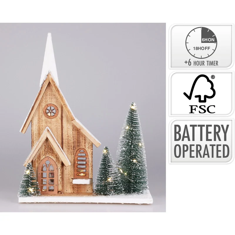 LED Wooden Christmas House with Bottle Brush Trees | Light-Up Rustic House