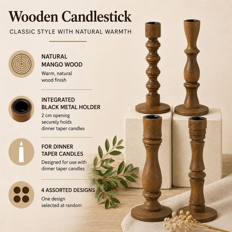 Wooden Candlestick, Mango Wood Dinner Candle Holder, 22 cm, Random Design
