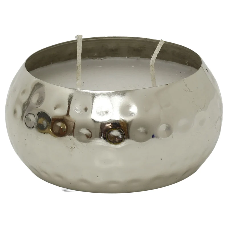 Hammered Two-Wick Candle in Silver Metal Holder, Unscented, 200g Wax Fill, 10 cm