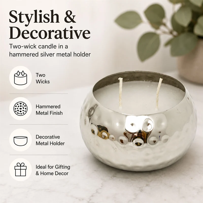 Hammered Two-Wick Candle in Silver Metal Holder, Unscented, 200g Wax Fill, 10 cm