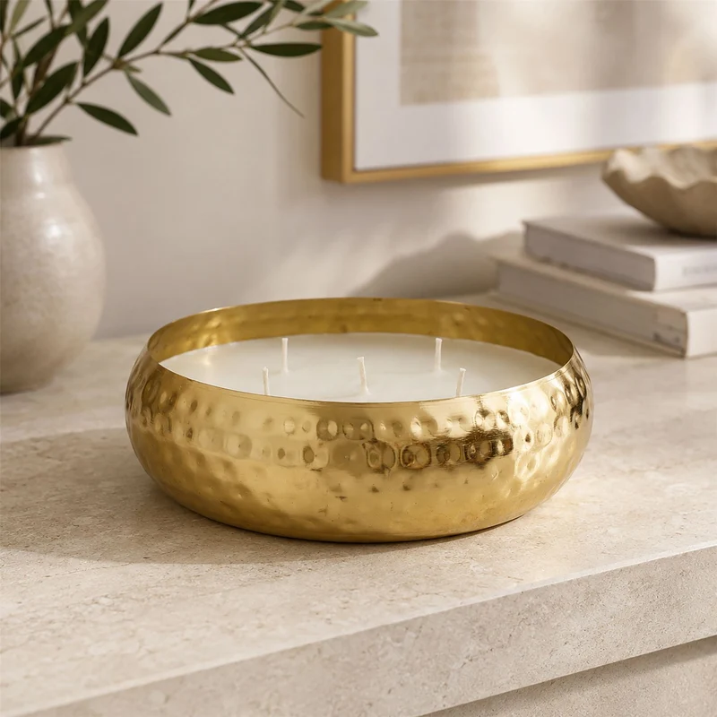 Hammered Gold 5 Wick Candle In Metal Holder, Unscented White Wax, 17.5 cm