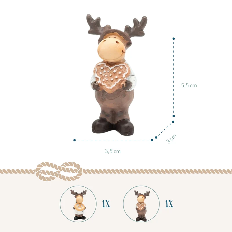 2er Set Elch Figuren in Tracht mit Breze und Lebkuchenherz 5,5 cm