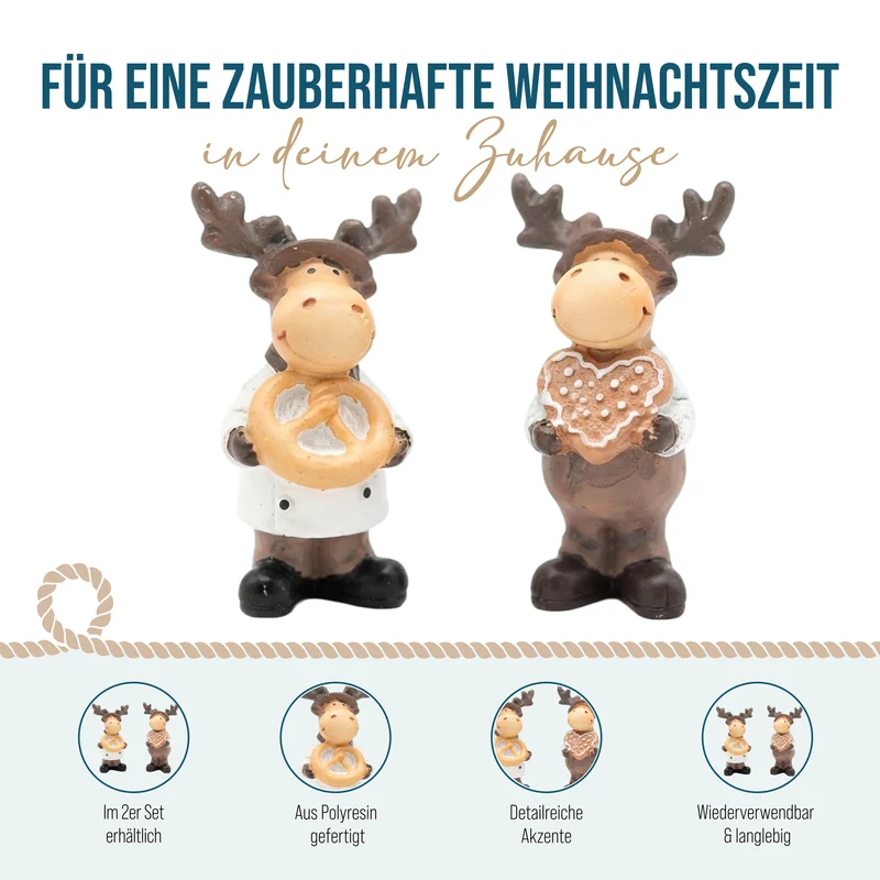 2er Set Elch Figuren in Tracht mit Breze und Lebkuchenherz 5,5 cm