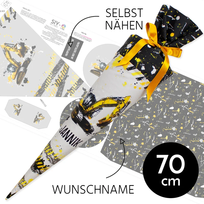 DIY Schultüte zum Selbernähen Schnittmuster auf Stoff mit Wunschname personalisierbar – Bagger - 70 cm