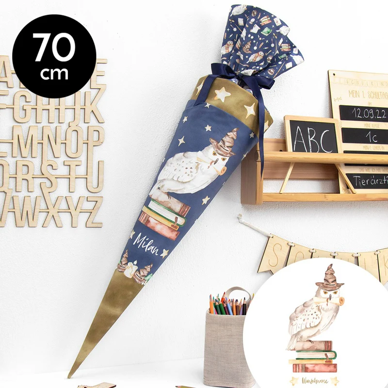 Schultüte aus Baumwolle mit Wunschname - Zauberschule - 70 cm