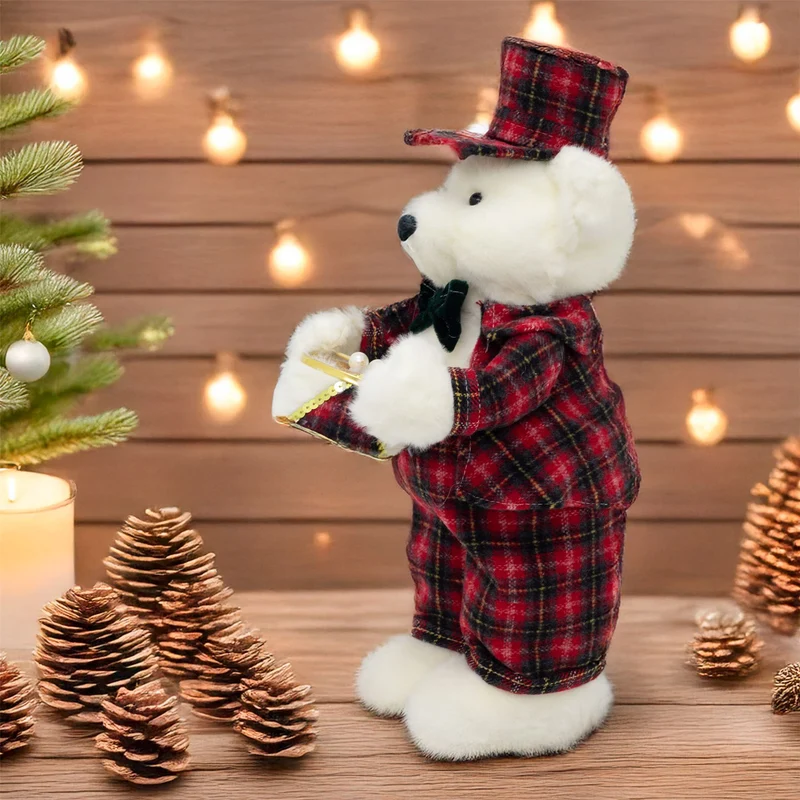 Drumming Christmas Bear Decoration | White Bear in Tartan Uniform with Drum 42cm