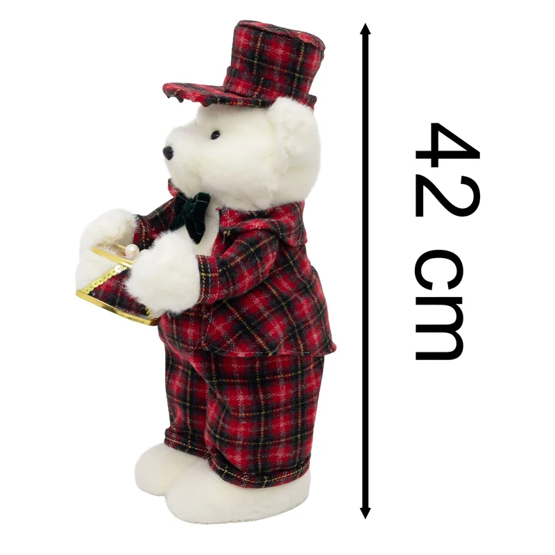 Drumming Christmas Bear Decoration | White Bear in Tartan Uniform with Drum 42cm