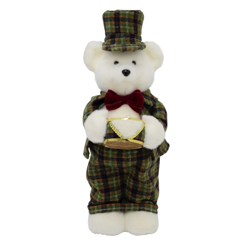 Drumming Christmas Bear Decoration | White Bear in Tartan Uniform with Drum 42cm