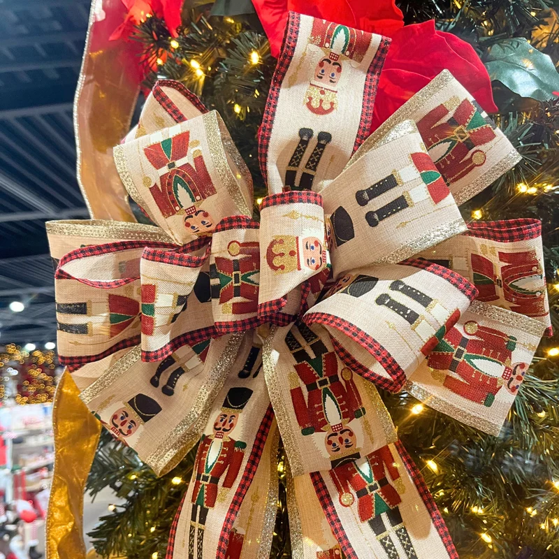 Nutcracker Tree Top Bow with Long Streamer | Fabric Christmas Tree Topper