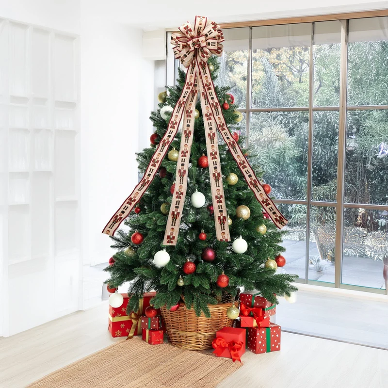 Nutcracker Tree Top Bow with Long Streamer | Fabric Christmas Tree Topper