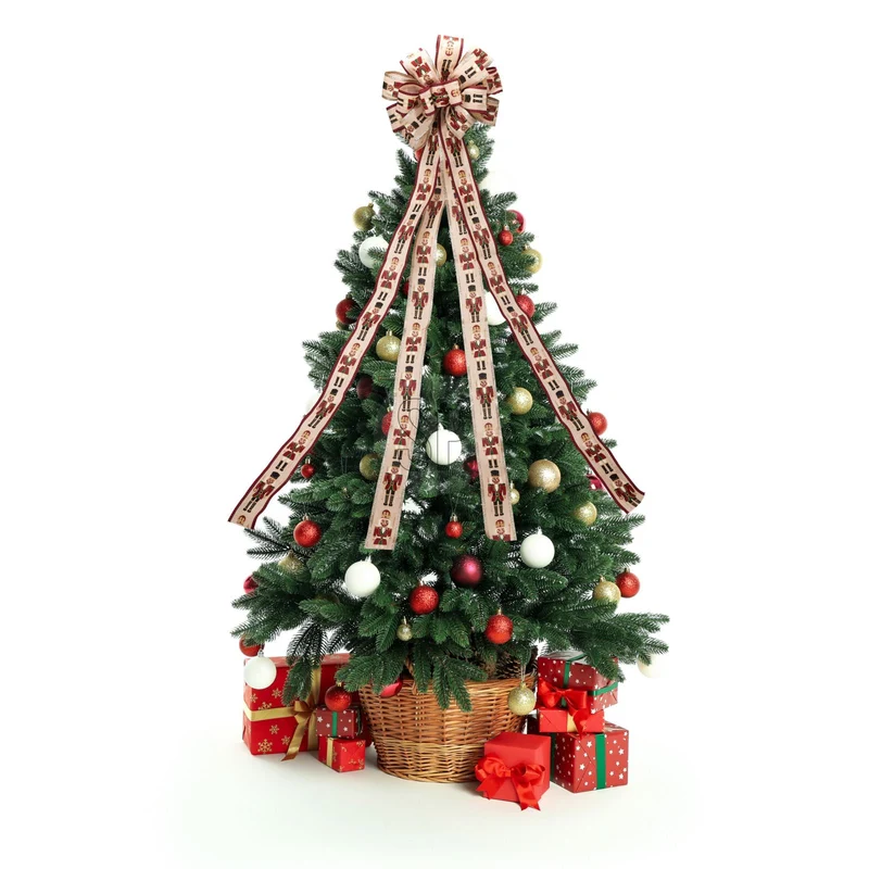 Nutcracker Tree Top Bow with Long Streamer | Fabric Christmas Tree Topper