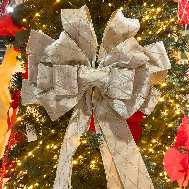 Champagne Gold Tree Top Bow with Long Streamer | Fabric Christmas Tree Topper