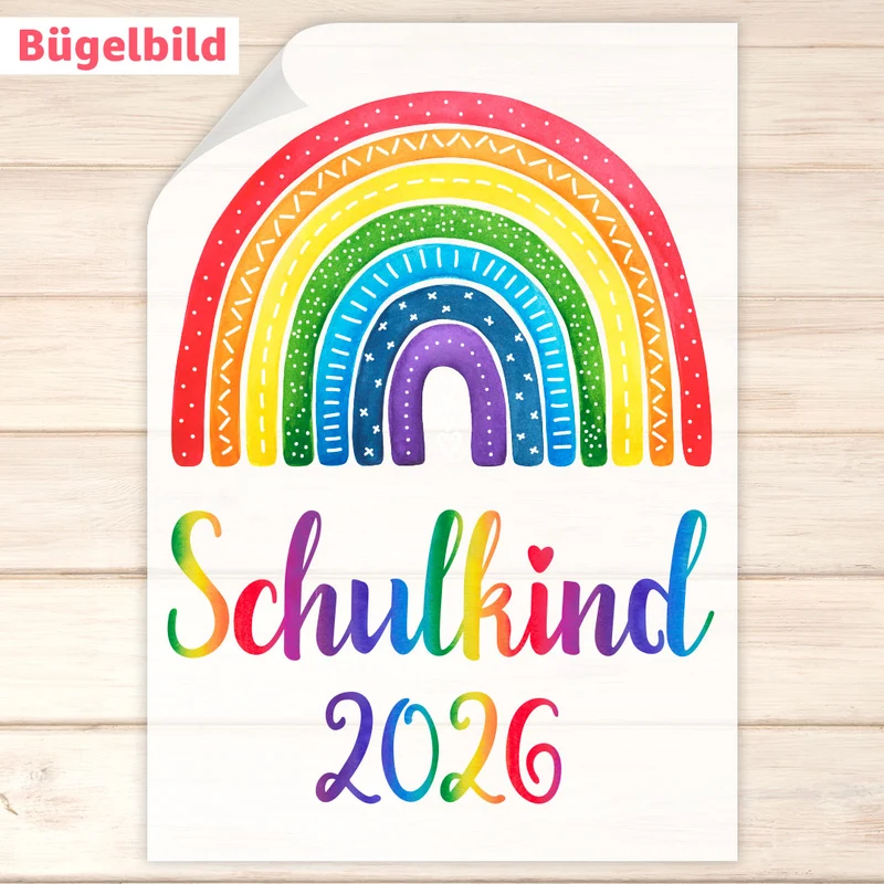 Bügelbild - Schulkind - Wunschname & Wunschjahr - Bunter Regenbogen