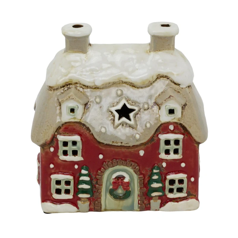 Red Stoneware Christmas House Tealight Holder | Christmas Candle Holder House