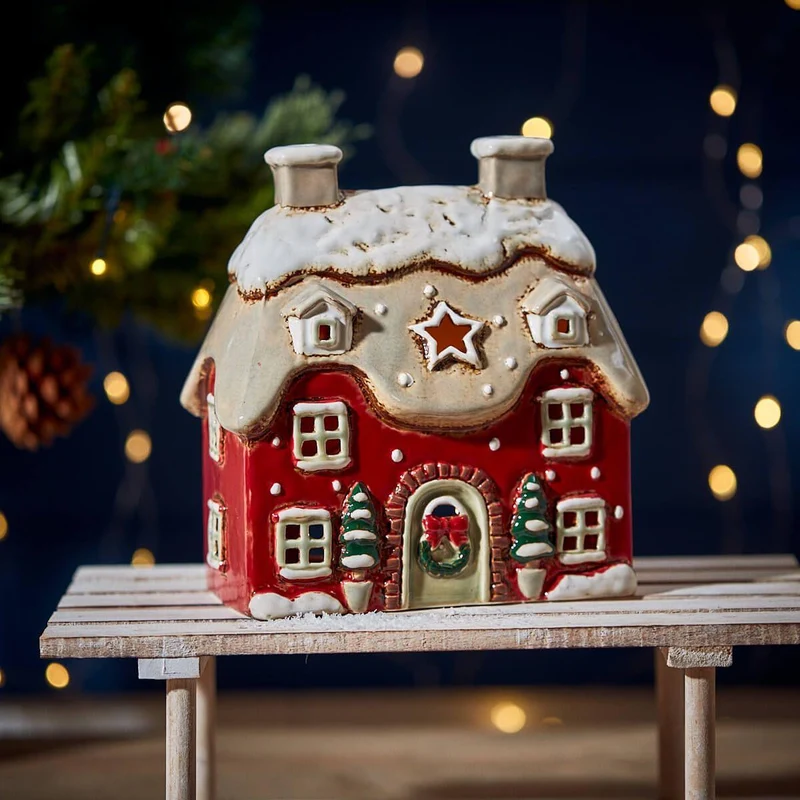 Red Stoneware Christmas House Tealight Holder | Christmas Candle Holder House
