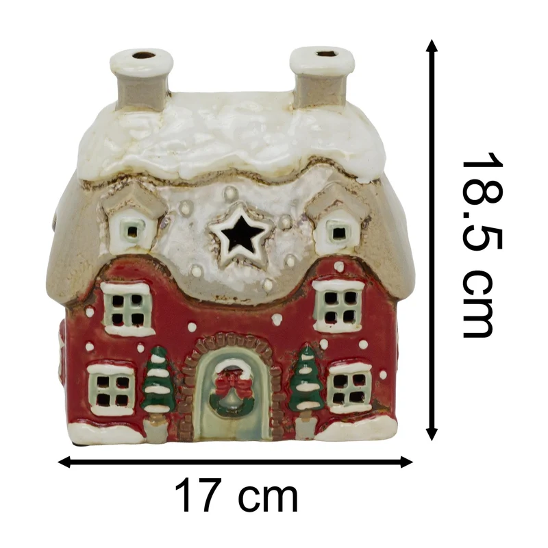 Red Stoneware Christmas House Tealight Holder | Christmas Candle Holder House
