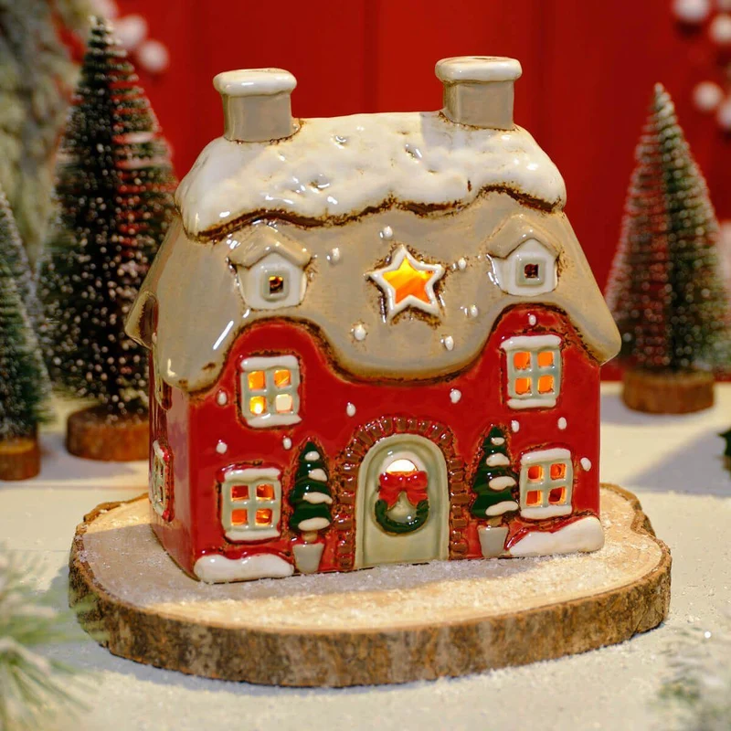 Red Stoneware Christmas House Tealight Holder | Christmas Candle Holder House