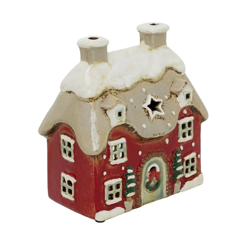 Red Stoneware Christmas House Tealight Holder | Christmas Candle Holder House