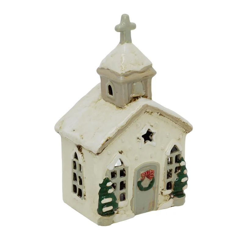 Natural Stoneware Christmas Church Tealight Holder | Christmas Candle Holder