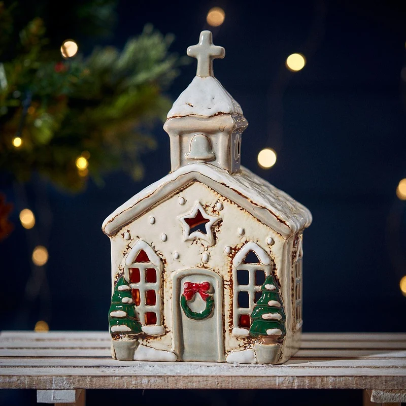 Natural Stoneware Christmas Church Tealight Holder | Christmas Candle Holder