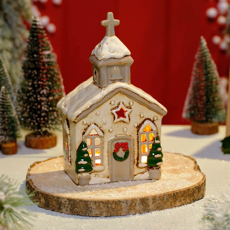 Natural Stoneware Christmas Church Tealight Holder | Christmas Candle Holder