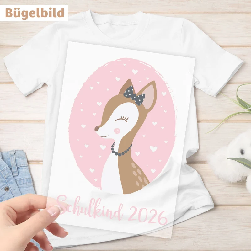 Bügelbild - Schulkind - Wunschname & Wunschjahr - Bambi