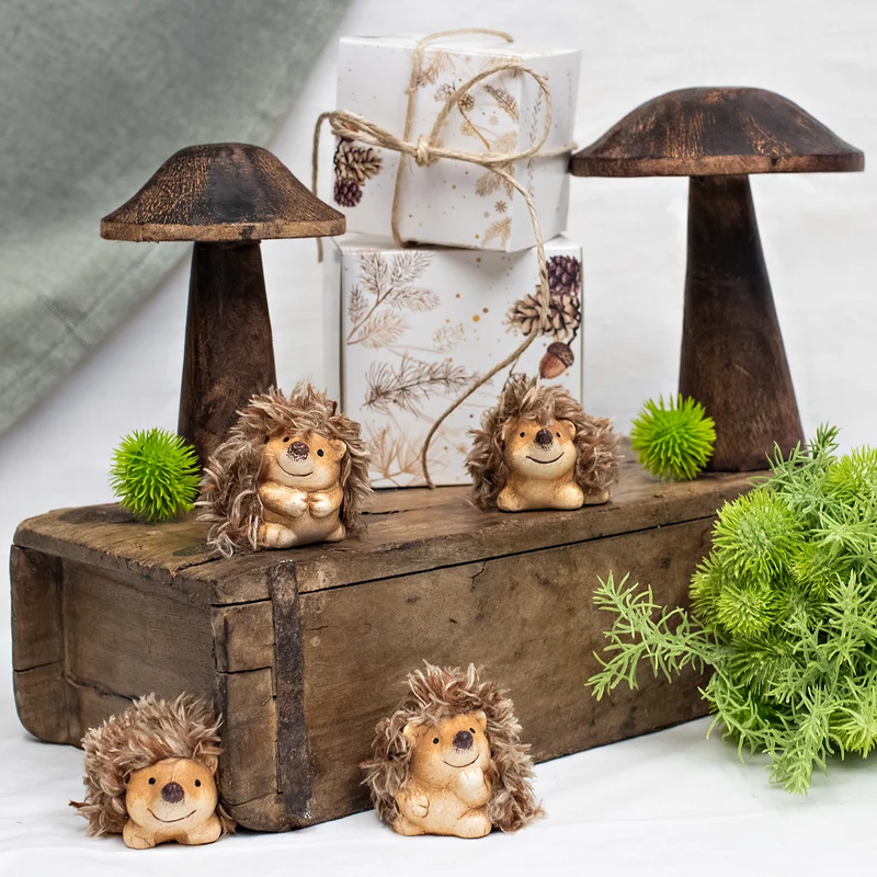 Igel 4er-Set Keramik & Stoff braun ca. 4,5 cm - Mini Herbstdeko