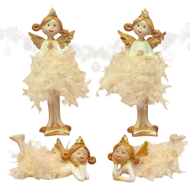 Engel Figuren 4er Set in Creme und Gold – zwei stehend, zwei liegend