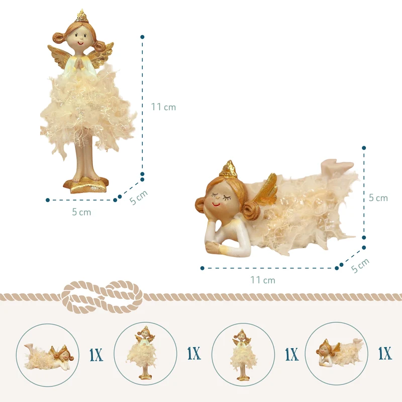 Engel Figuren 4er Set in Creme und Gold – zwei stehend, zwei liegend
