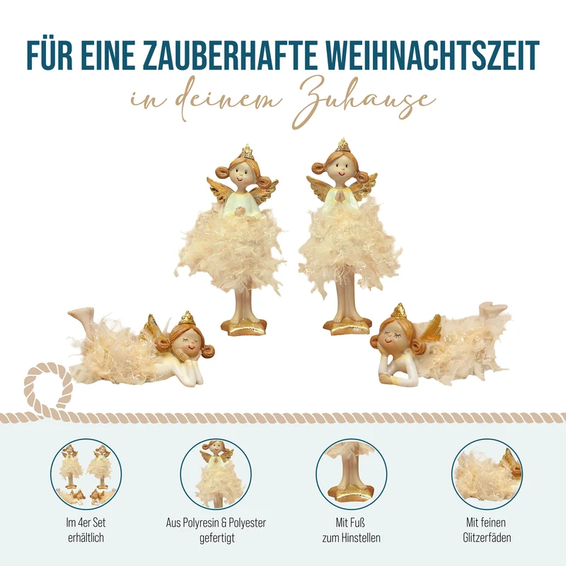 Engel Figuren 4er Set in Creme und Gold – zwei stehend, zwei liegend