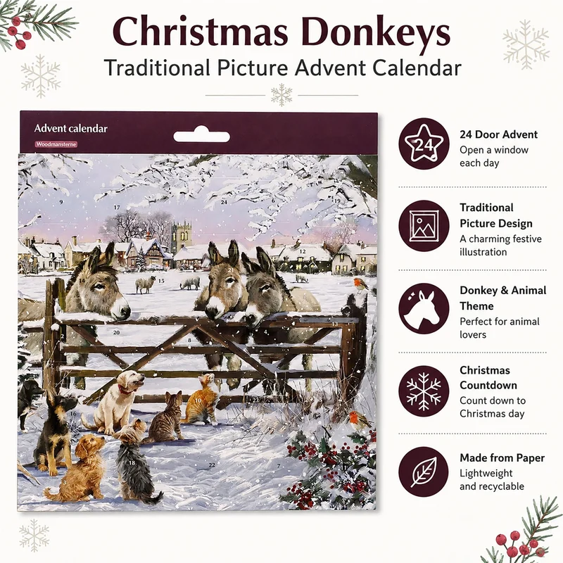 Christmas Donkeys Traditional Picture Advent Calendar, 21.3cm Square