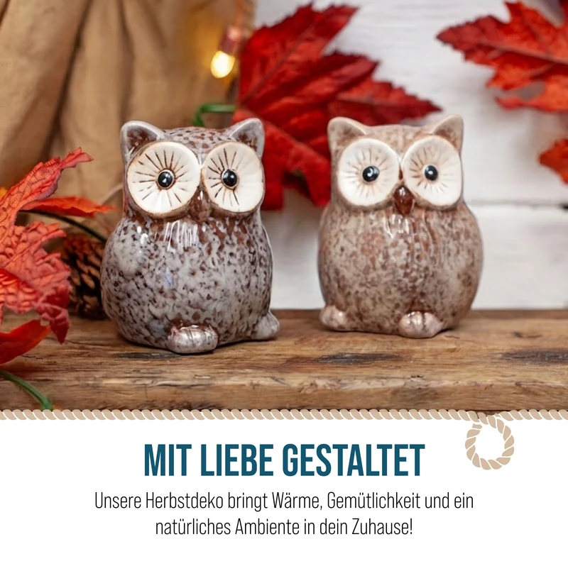 2er Set Eulen aus Keramik – Herbstdeko in Braun und Beige