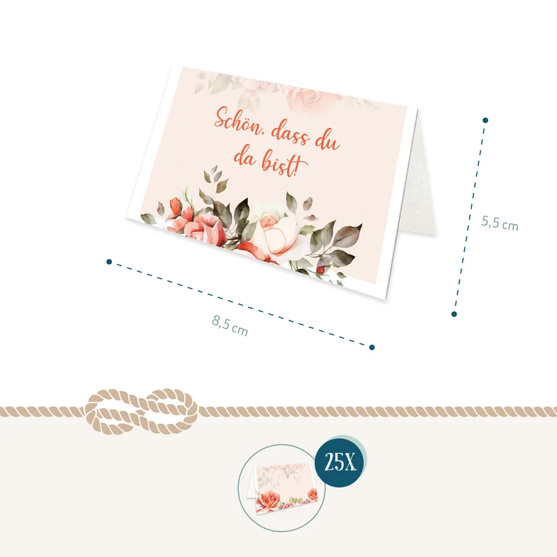 Tischkarten Hochzeit 25 Stück mit Rosenmotiv in Rosa, 8,5 × 5,5 cm