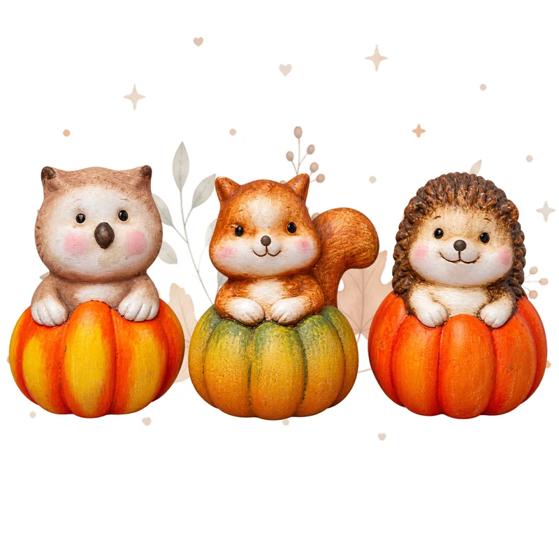 3er Set Kürbisfiguren mit Waldtieren – Igel, Eule und Eichhörnchen