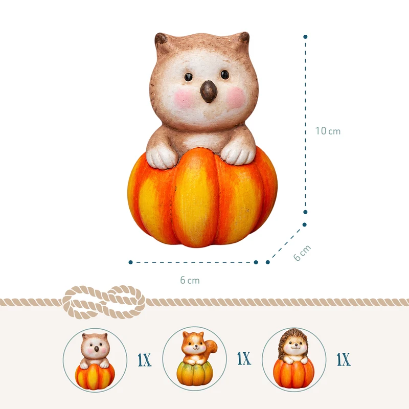 3er Set Kürbisfiguren mit Waldtieren – Igel, Eule und Eichhörnchen