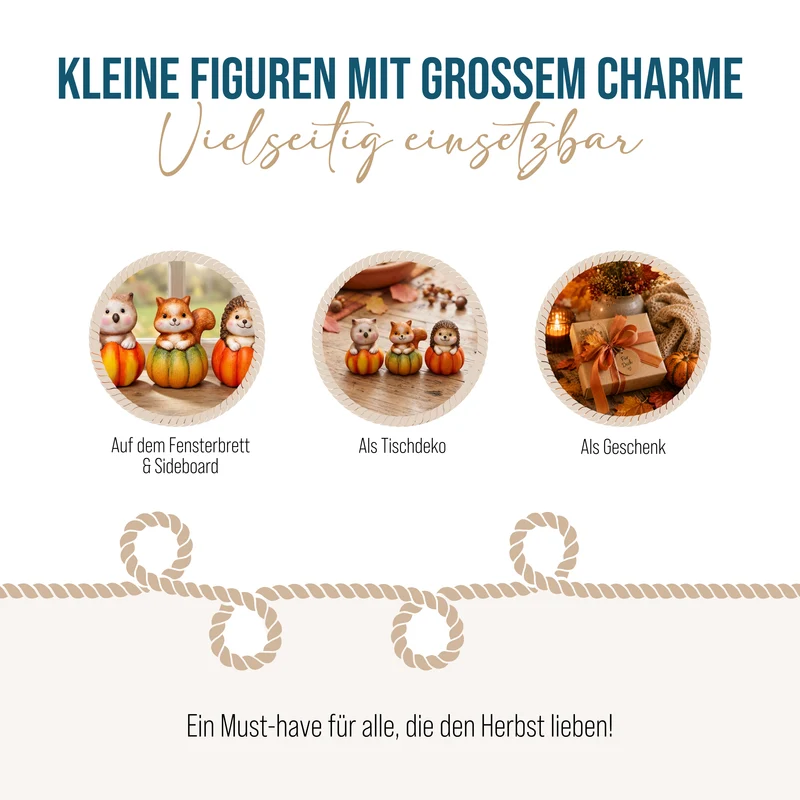 3er Set Kürbisfiguren mit Waldtieren – Igel, Eule und Eichhörnchen
