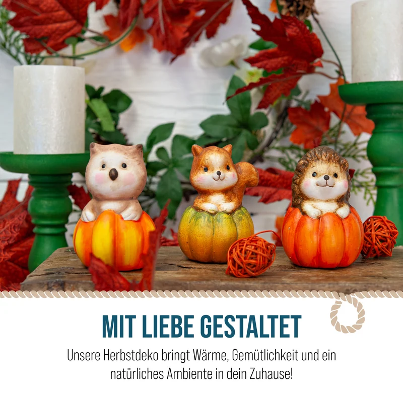 3er Set Kürbisfiguren mit Waldtieren – Igel, Eule und Eichhörnchen