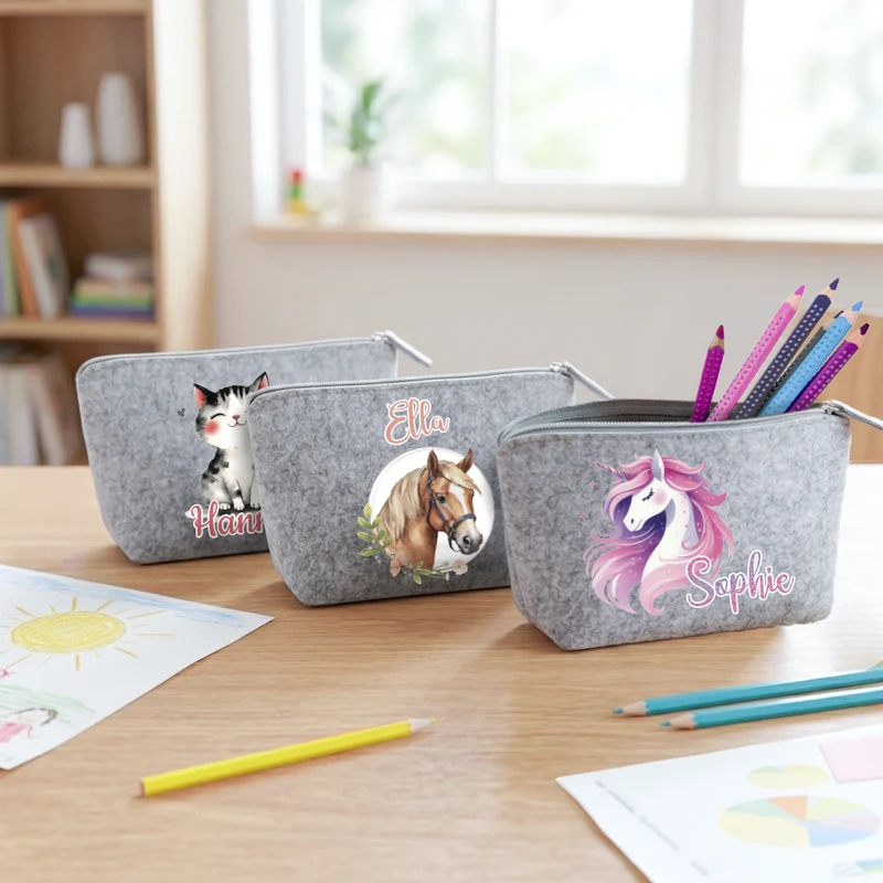 Personalisiertes Mäppchen aus Filz für Kinder individuelles Schlampermäppchen mit Name und Wunschmotiv Mädchen