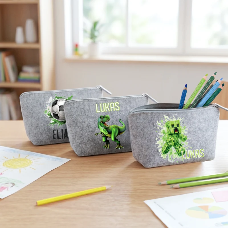 Personalisiertes Mäppchen aus Filz für Kinder individuelles Schlampermäppchen mit Name und Wunschmotiv Jungs