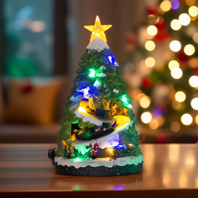 LED Christmas Tree | Rotating Train & Colourful Lights Christmas Scene - 38cm