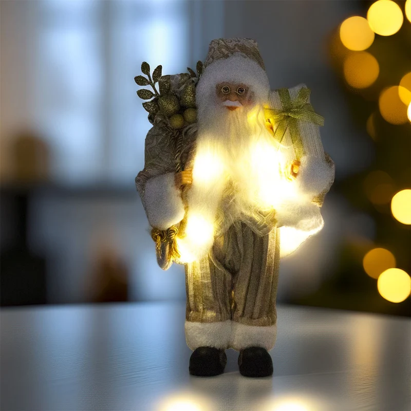LED Gold Santa Claus | Light-up Christmas Standing Santa Figurine - 30cm